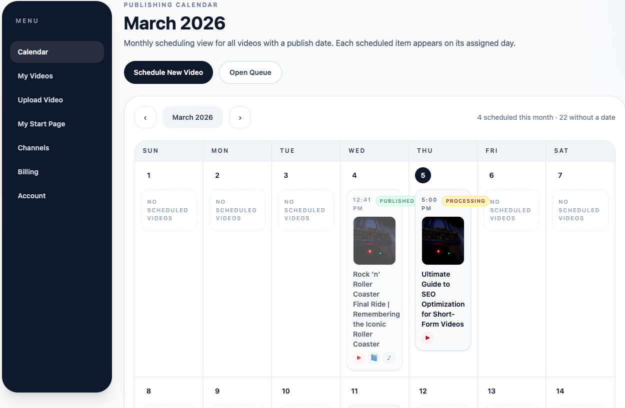 VidShare publishing calendar showing scheduled videos and a connected posting workflow