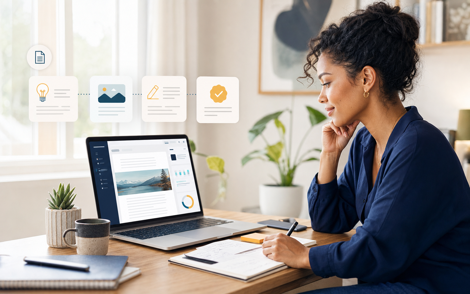 Professional planning a search-focused article publishing workflow
